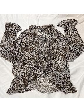 Boohoo Leopard Print Ruffle Tie Front Sheer Blouse